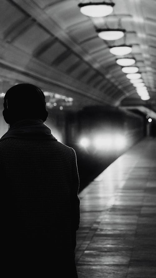Man on a Metro Station in Black and White 