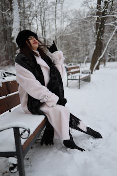 Stylish woman in winter coat and hat posing on a snow-covered bench in a serene park.
