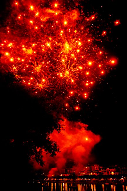 Fotomural Fuegos artificiales rojos vibrantes iluminan el cielo nocturno sobre un paisaje urbano.