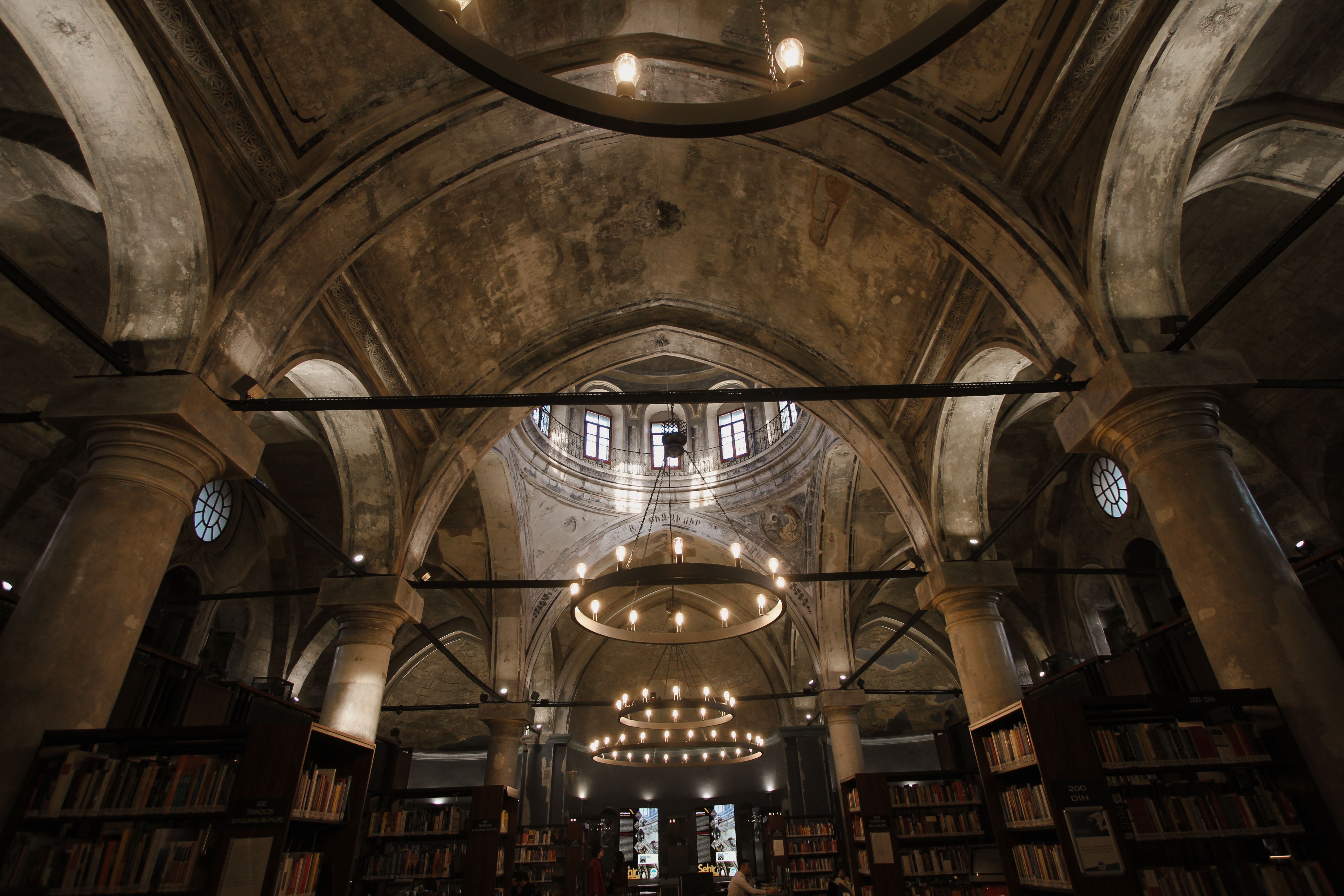 Historic library interior with ancient books