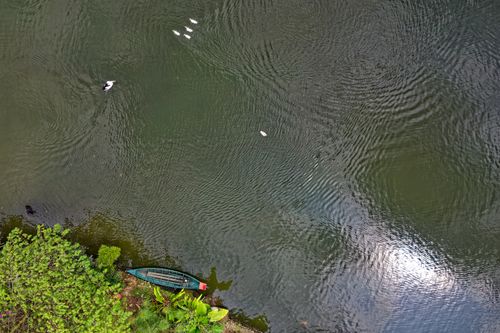 Free A serene aerial shot of a canoe on a picturesque lake in Sukaresmi, Indonesia. Stock Photo