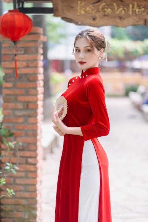 Brunette Woman in Traditional Red Dress