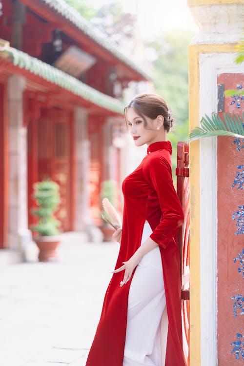 Beautiful Model in Long Red Dress