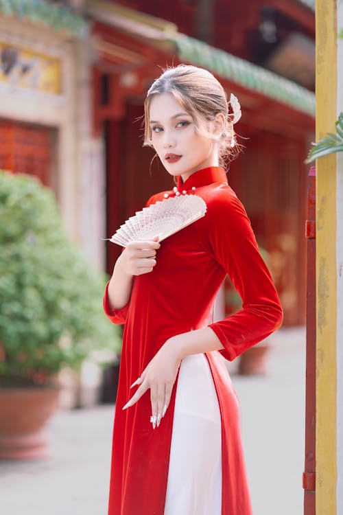 Beautiful Brunette Model in Red Dress