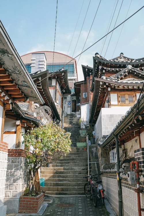 Stairs between Buildings in Bukchon Hanok Village in Seoul, South Korea 