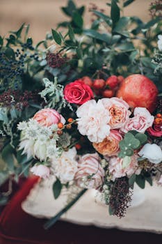 这束以玫瑰、浆果和苹果为特色的花束，在郁郁葱葱的花卉布置中显得格外令人惊叹