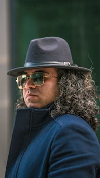 Stylish man wearing sunglasses and a hat, exuding modern fashion vibes