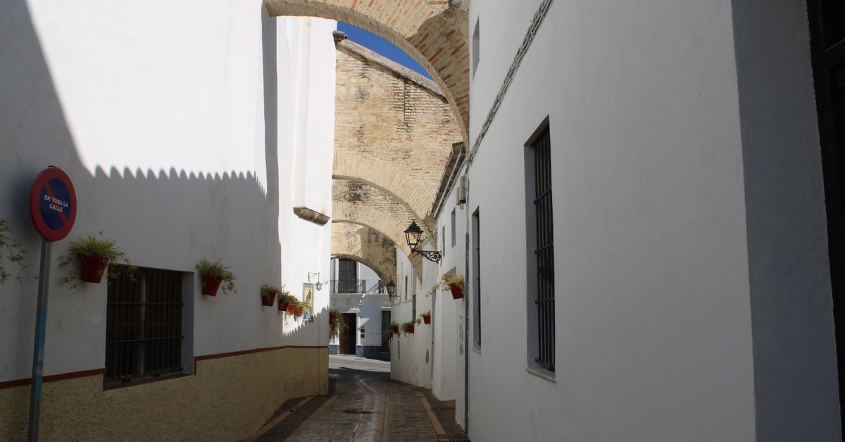 Narrow marble-paved street with whitewashed buildings, Greek mountain village
