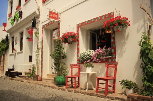 Free Captivating street view with decorated facade and blooming flowers in Ayvacık, Çanakkale. Stock Photo