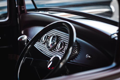 Steering Wheel in a Vintage Car 