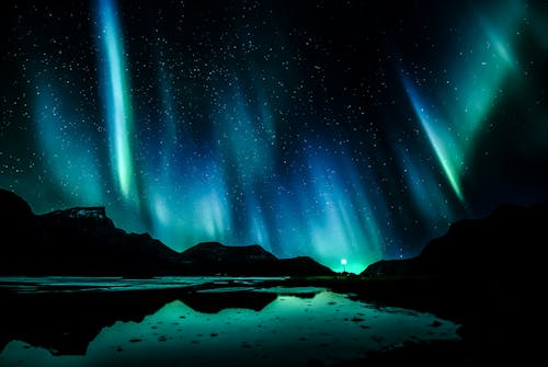 Northern lights on sky in Lofoten islands