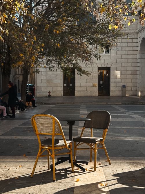 Free Empty chairs at a Lisbon café under autumn trees with sunlight casting shadows on the pavement. Stock Photo