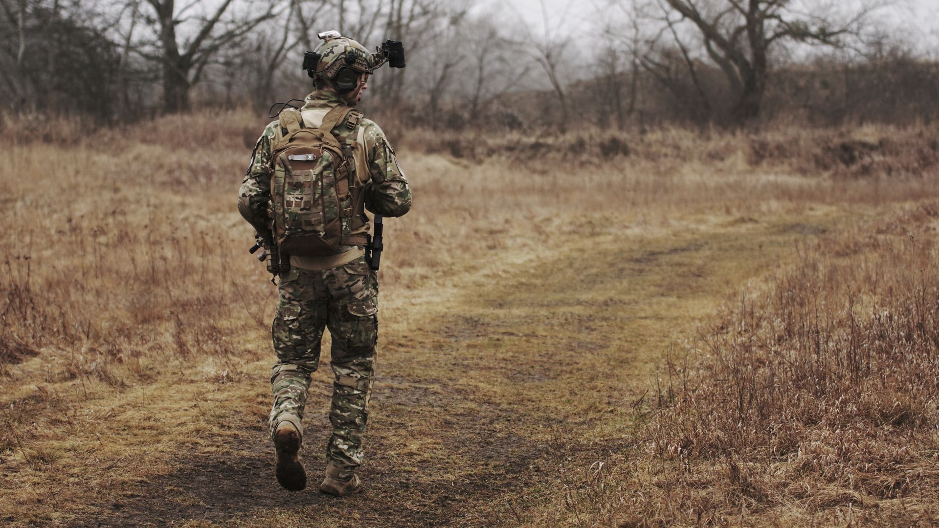 Modafinil for Military Personnel: Enhancing Performance A soldier in camouflage walking along a grassy path through a forested area — modafinil for military personnel