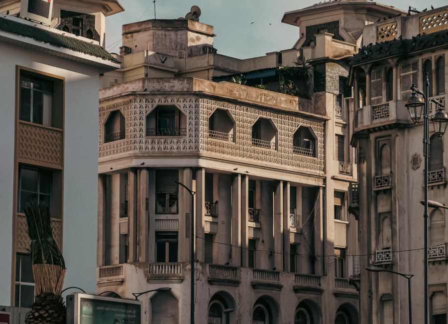 Elegant vintage buildings in an urban setting in Casablanca, Morocco capture timeless architecture.