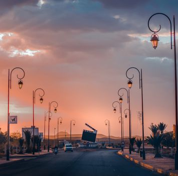Explore the cinematic streets of Ouarzazate, Morocco, under a stunning sunset glow.