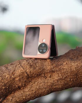 Sleek flip smartphone elegantly perched on a natural tree branch, showcasing modern design.