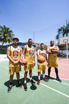 Four men in sportswear holding basketballs on an outdoor court with palm trees.