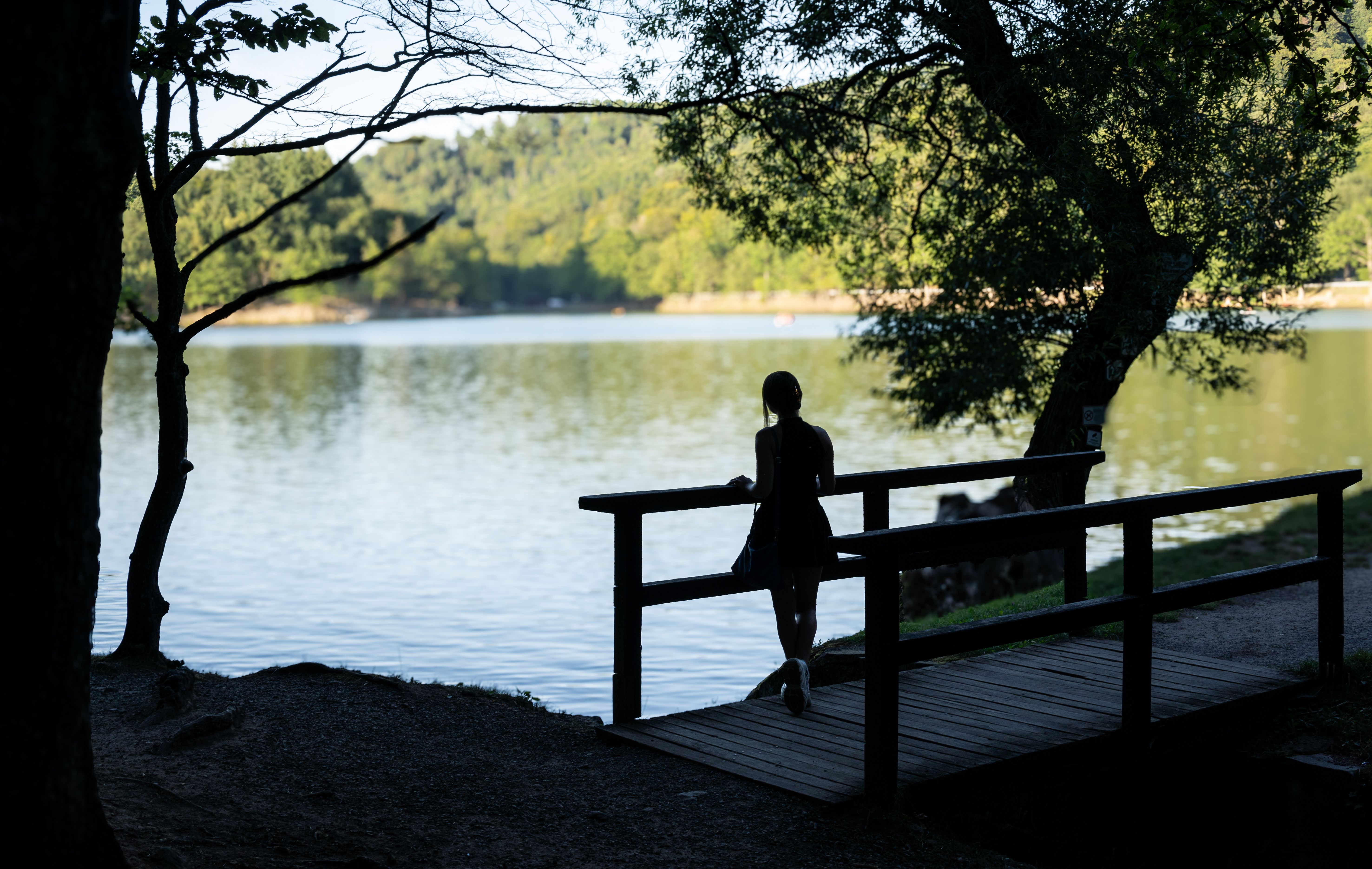 A woman stands silhouetted on a wooden bridge overlooking Počúvadlo Lake, Slovakia, surrounded by nature.