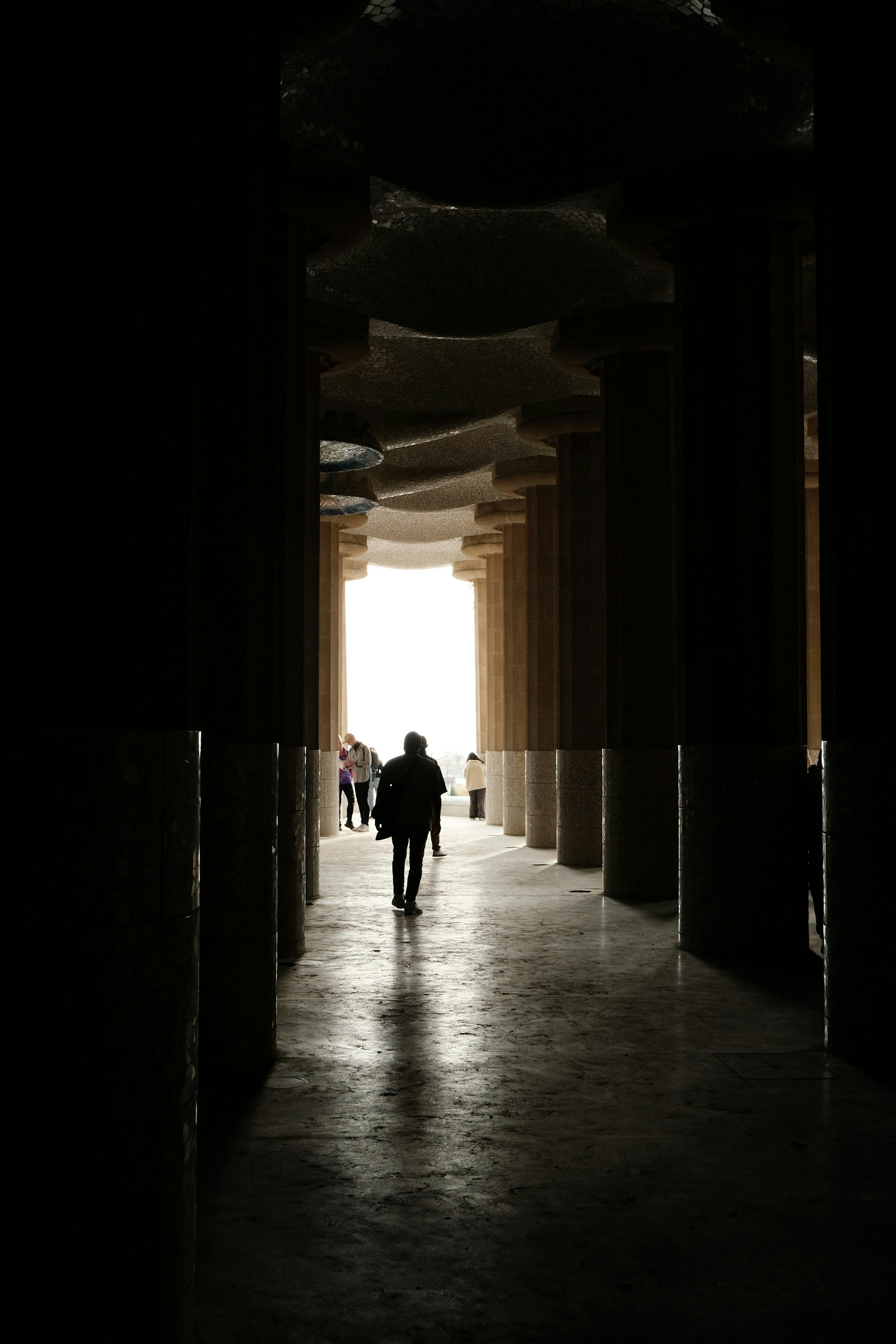 people walking by doric columns