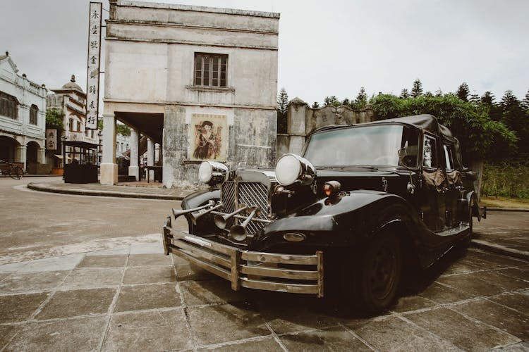 Black, Vintage Car On Pavement