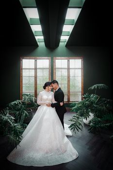 Beautiful portrait of newlyweds embracing indoors, surrounded by elegant greenery.