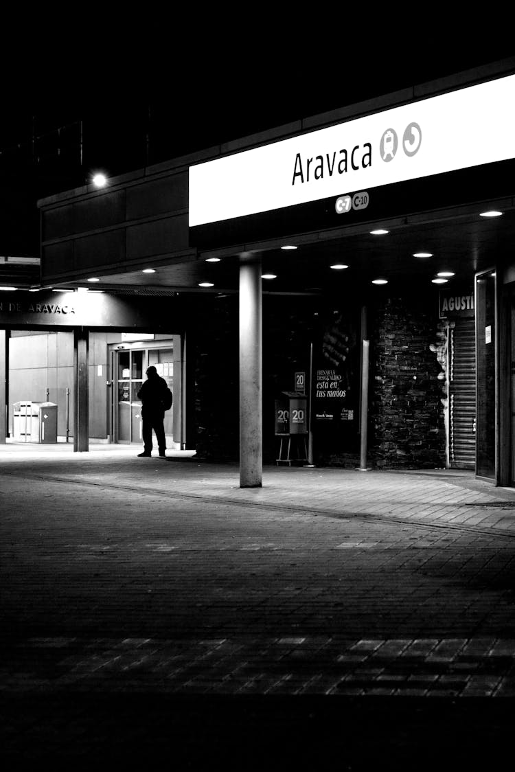 Man Standing Near A Closed Store On A Night Street