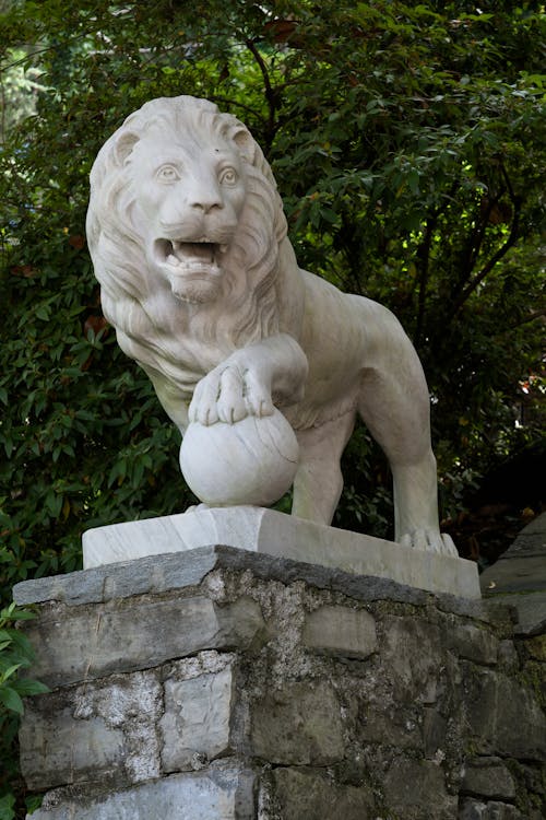 Lion Statue on a Stone Wall on the Background of Trees