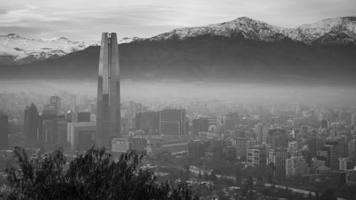 Black and White Panorama of Santiago De Chile Cityscape in Fog
