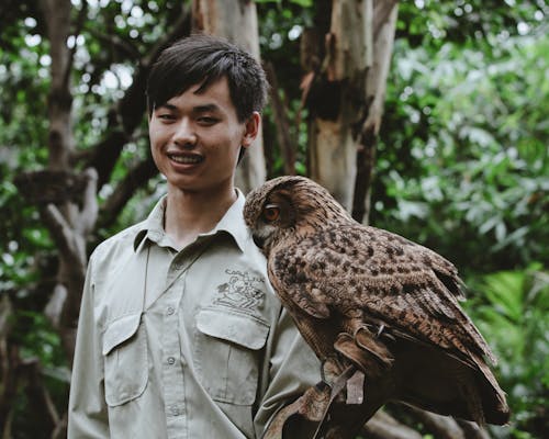 Aviary Worker with Eurasian Eagle-Owl on Hand