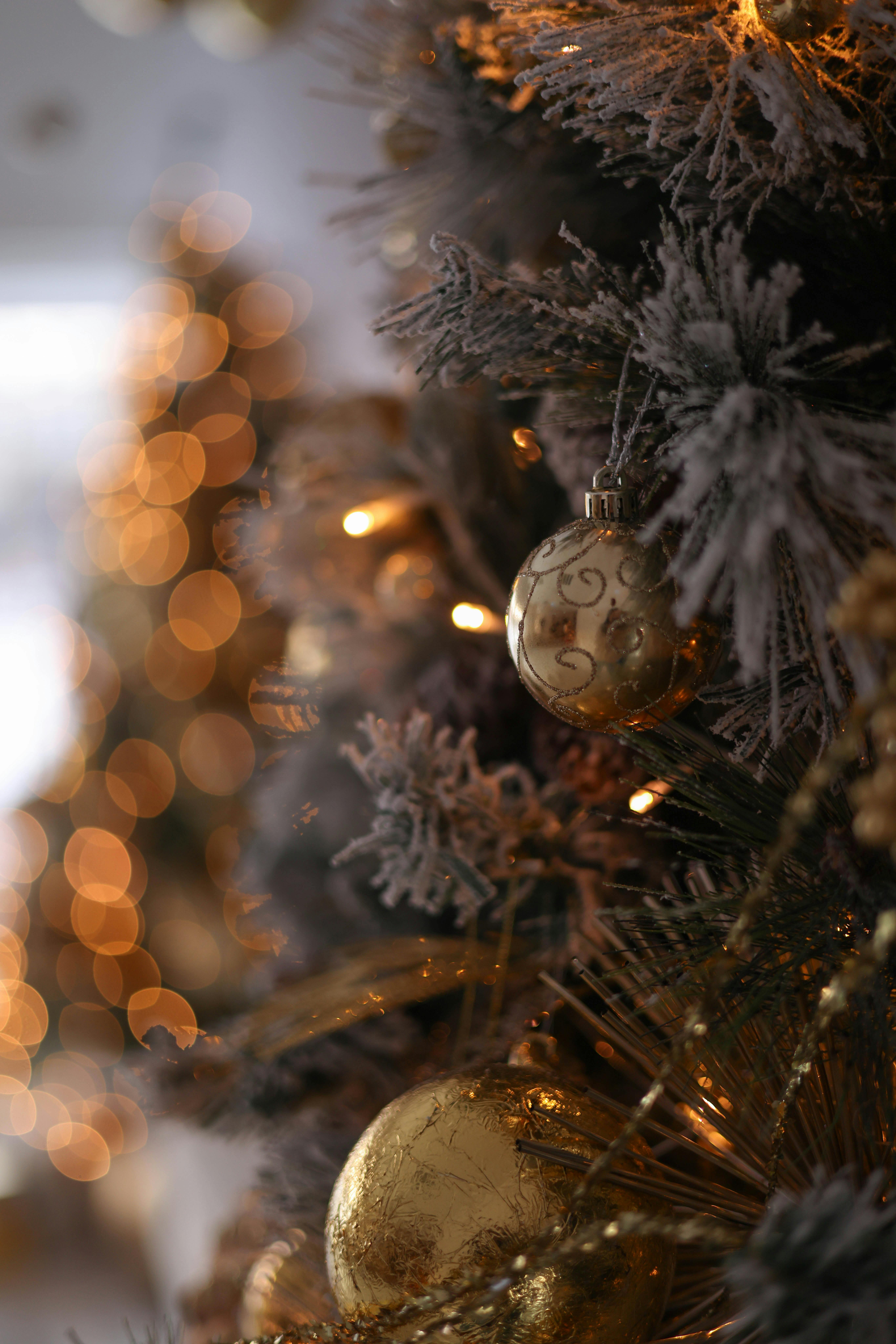 Close-up of a golden Christmas ornament on a frosted tree with warm bokeh lights.