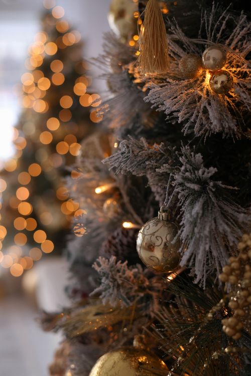 Free A close-up of a beautifully decorated Christmas tree with golden ornaments and string lights. Stock Photo