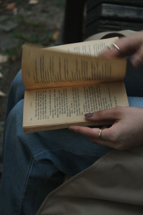 Free A woman's hands flipping through pages of a book, captured in a serene outdoor setting. Stock Photo