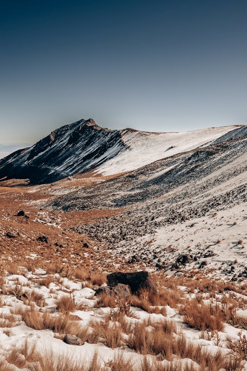 Landscape of Snowcapped Mountains under Clear Blue Sky 