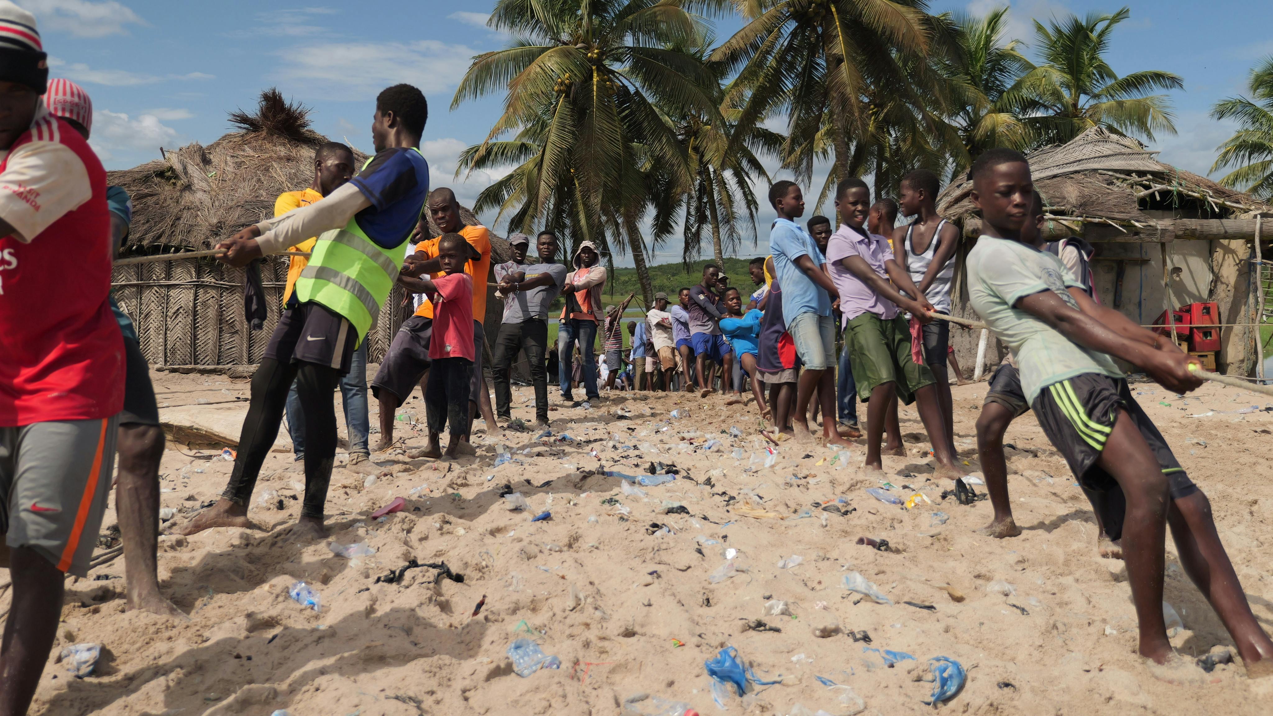 Group of people playing tug-of-war on a palm-lined beach under a clear sky.