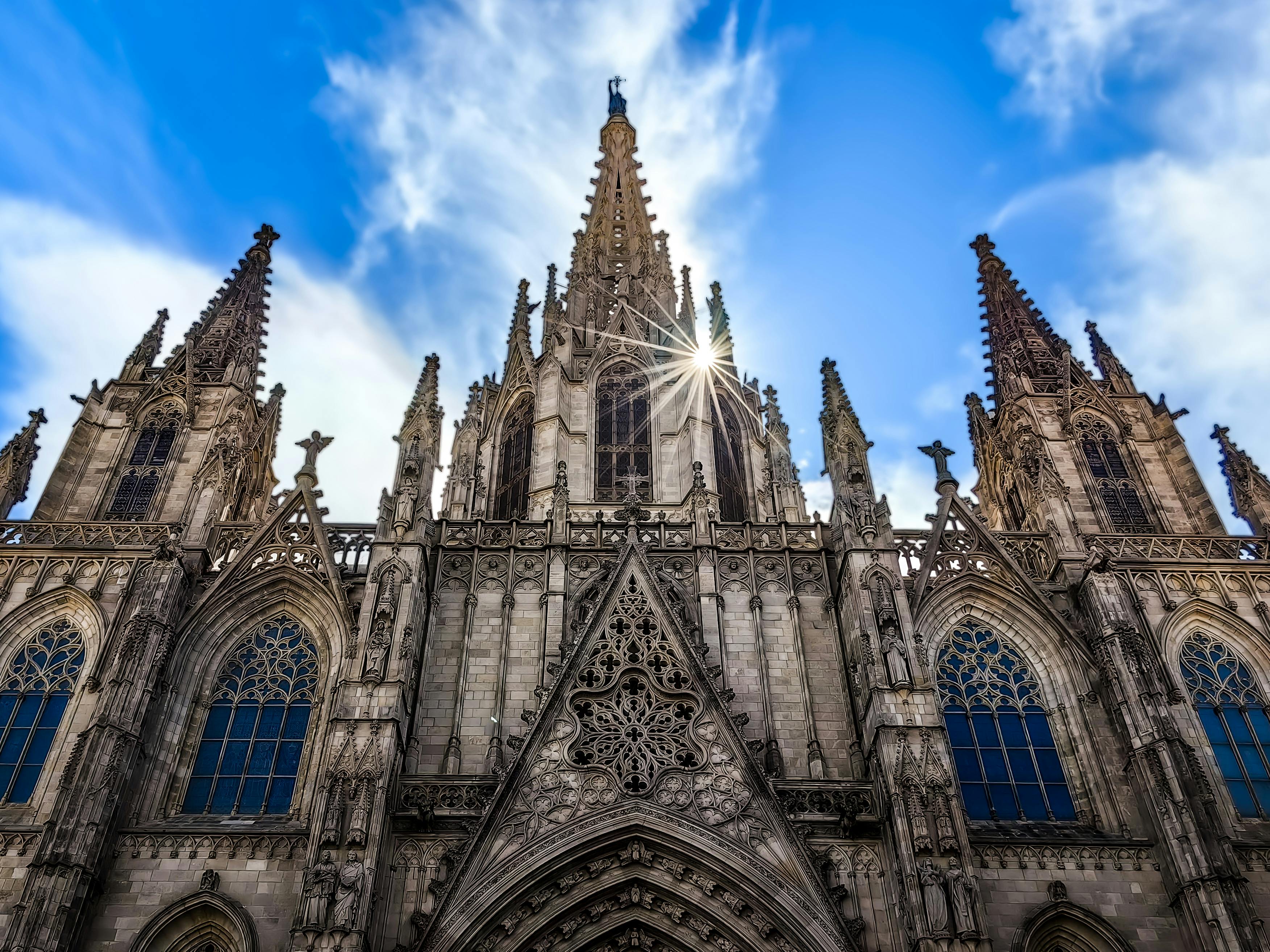 low angle shot of the facade of barcelona cathedral barcelona spain