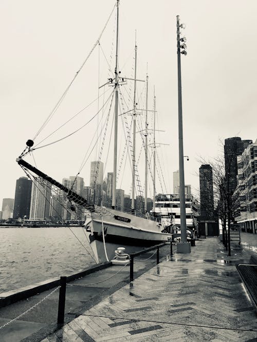 View of a Ship Moored in the Port near Modern Skyscrapers in City 