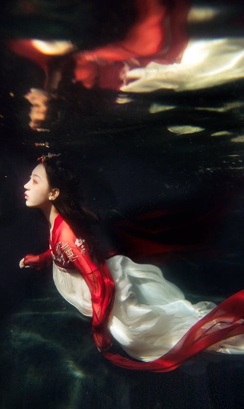 Underwater Photo of a Woman Wearing a Hanfu Dress