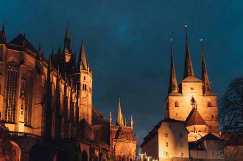 Lights on Erfurt Cathedral and St Severus Church in Evening