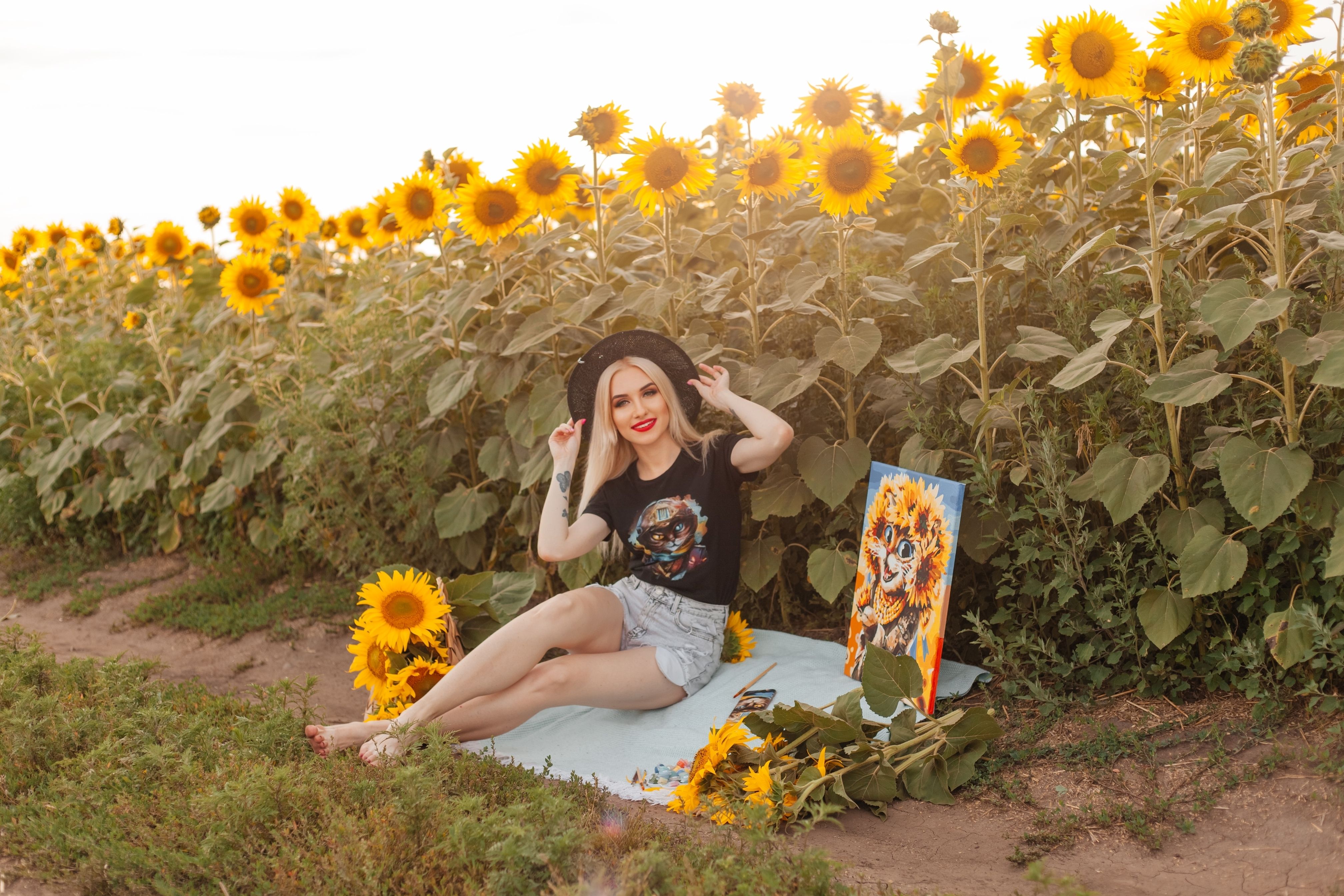 A woman sitting in a field of sunflowers · Free Stock Photo