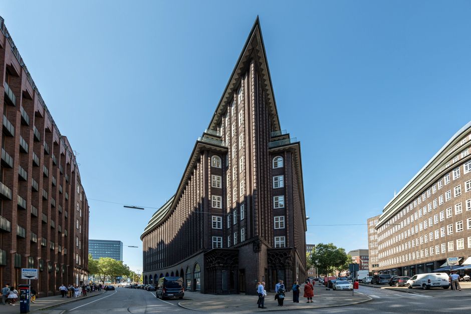 View of the famous Chilehaus in Hamburg, Germany, under clear skies.