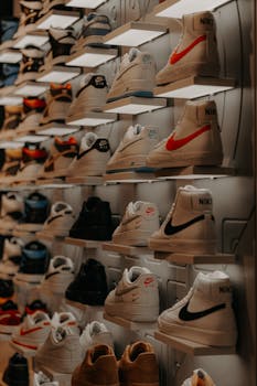 A trendy retail display showcasing various Nike sneakers in a stylish store setting.