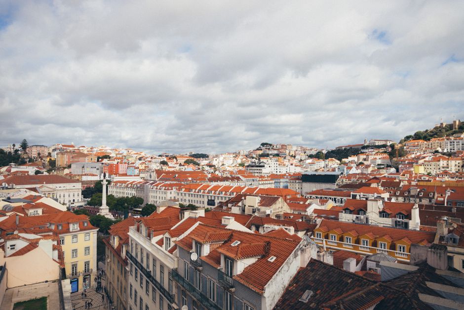 Charming historic street in Lisbon, Portugal, on a mild winter day