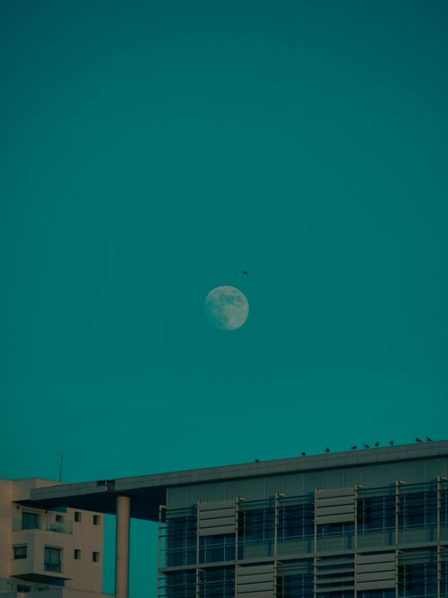 Free Captivating view of the moon over urban buildings with a teal sky backdrop. Stock Photo