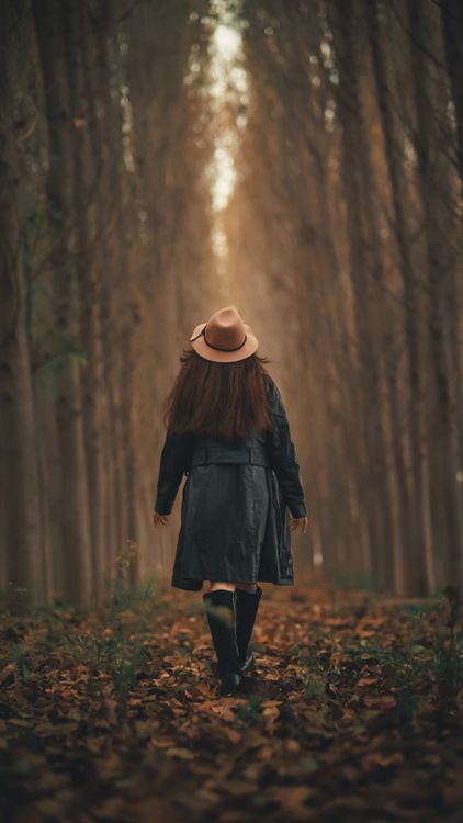 Back View of a Woman in a Coat and Hat Walking in an Autumnal Forest ...