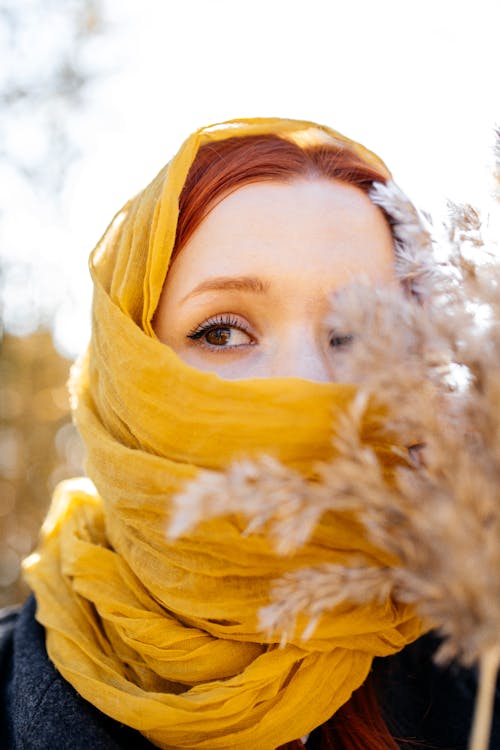 Redhead Model in Yellow Headscarf in Autumn
