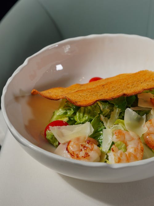 Closeup of a Salad Bowl with Shrimps