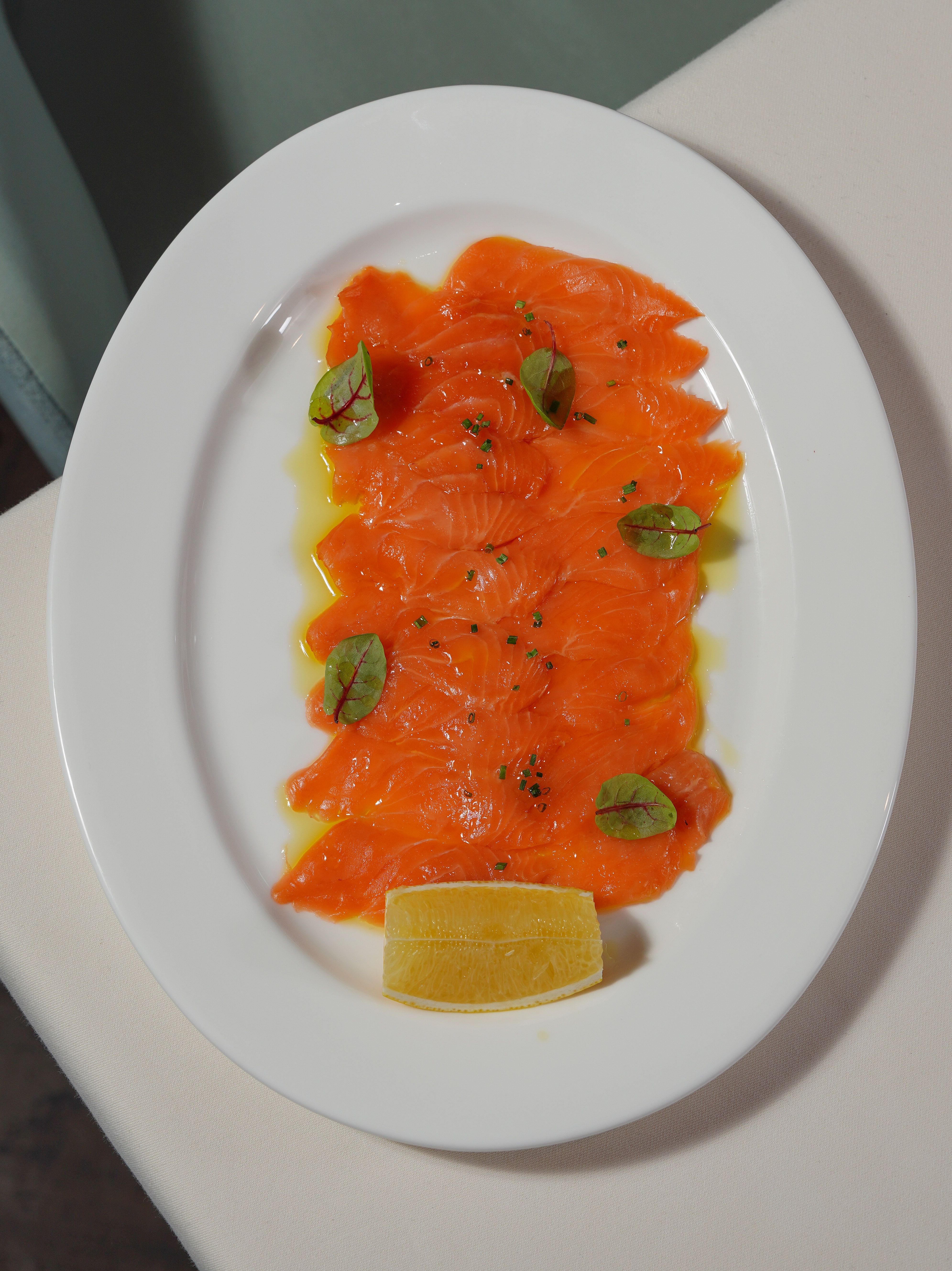 Appetizing top view of fresh salmon carpaccio garnished with herbs and lemon slice.