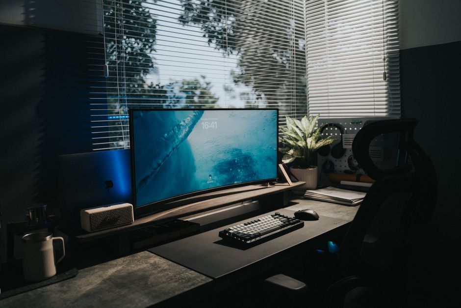 Stylish home office setup with a curved monitor and indoor plant, illuminated by natural light.