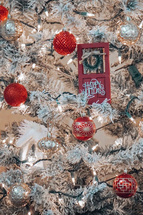 Close up of Christmas Balls and Decorations on Christmas Tree