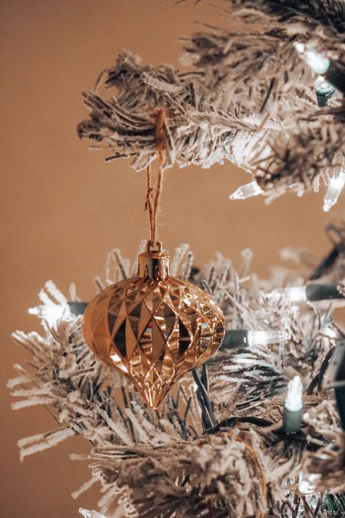 Free Close-up of a gold ornament hanging on a snow-tipped Christmas tree branch with warm lighting. Stock Photo